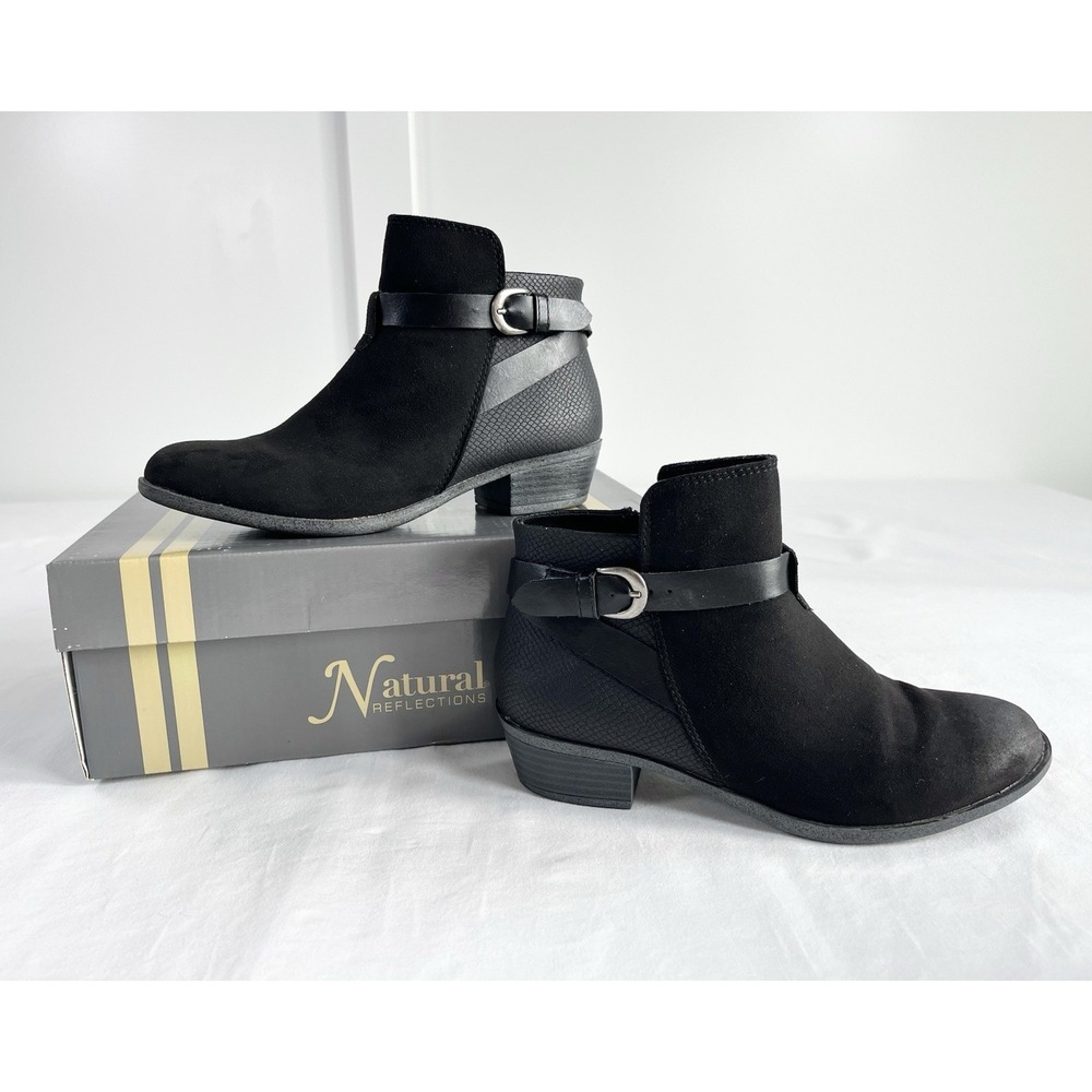 Natural Reflections Payton Black Faux Suede Ankle Boots Womens 7M Buckle Strap